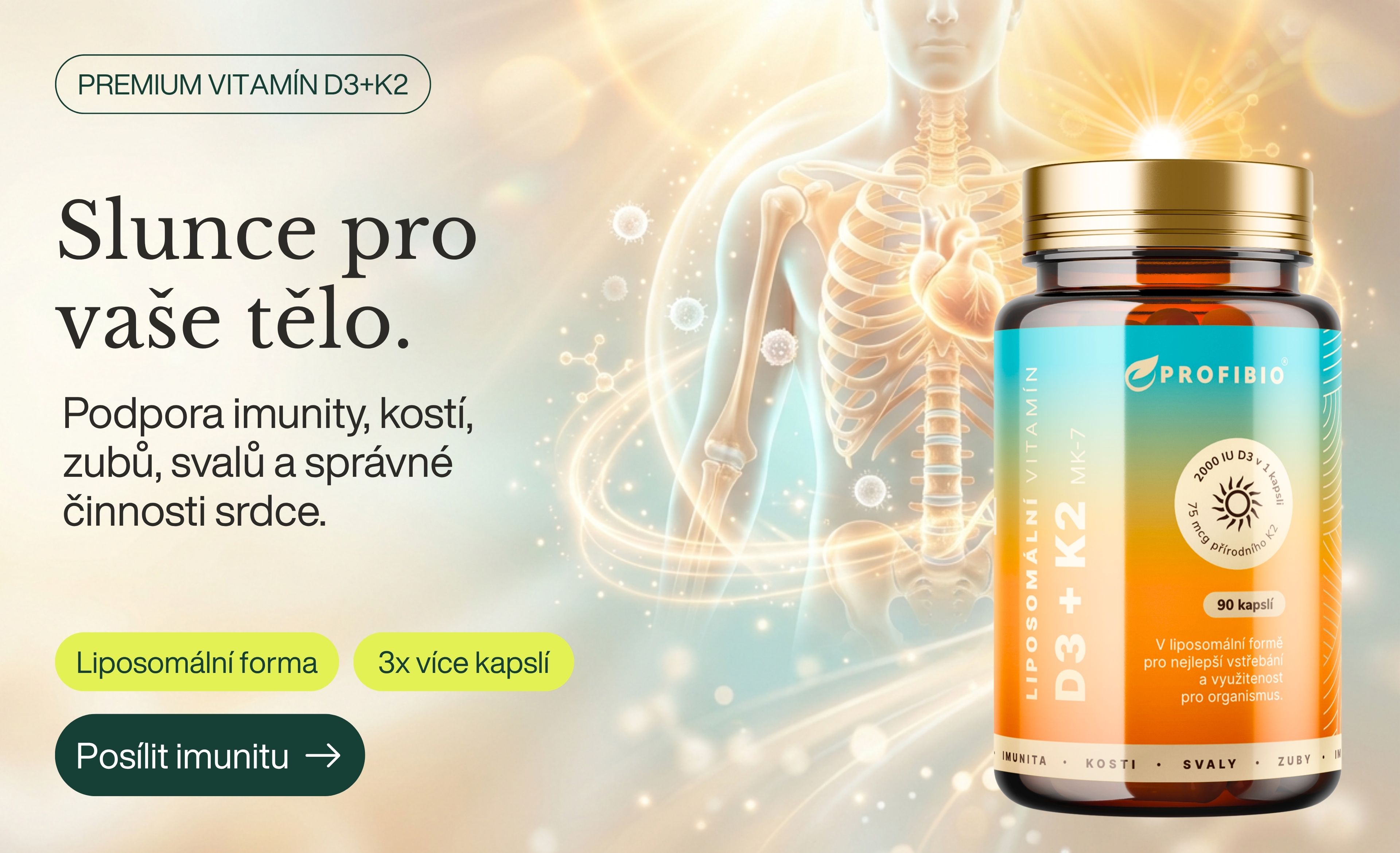 PREMIUM Liposomální Vitamín D3 + K2 MK-7, 2000 IU + 75 mcg, Vysoce vstřebatelný, 90 kapslí